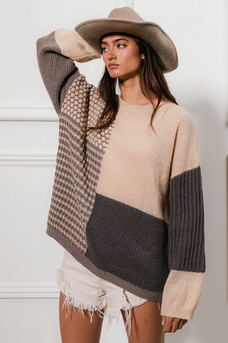 IT1331-01 | MIXED PATTERN BLOCK SWEATER Easy Layering Layered Comfort Look