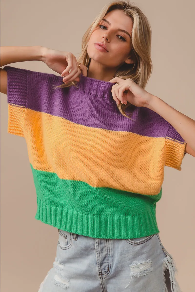 Classic Elegance Comfortable Waistband IT1388G-15 | MARDI GRAS COLOR BLOCK DROP SHOULDER SWEATER TOP