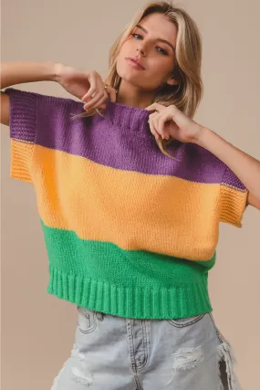 IT1388G-15 | MARDI GRAS COLOR BLOCK DROP SHOULDER SWEATER TOP Compact Fit Look
