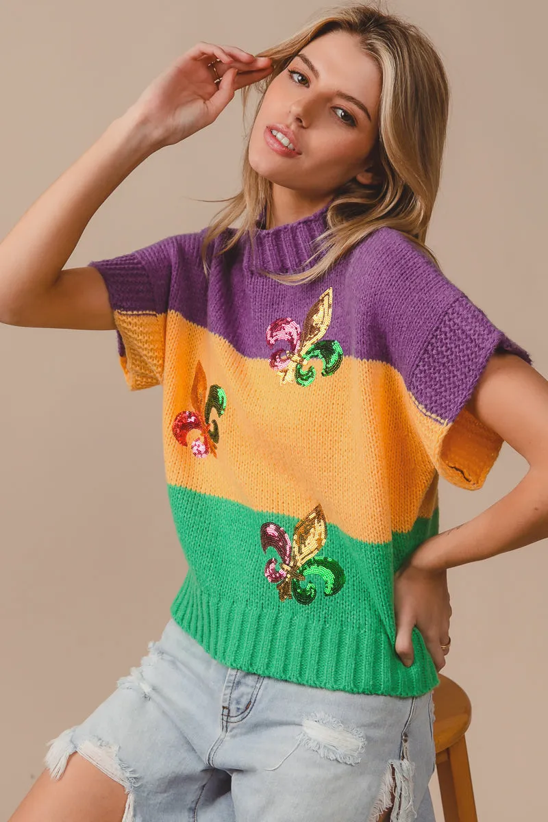 IT1388G-16 | SEQUIN EMBROIDERY MARDI GRAS COLOR SWEATER TOP wrinkle free