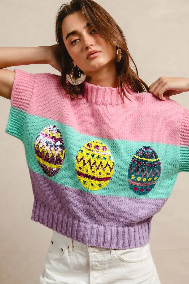 Bold Statement IT1388G-21 | EASTER EGGS SEQUIN EMBROIDERY RIB BANDED SLEEVELESS COLOR BLOCK SWEATER TOP