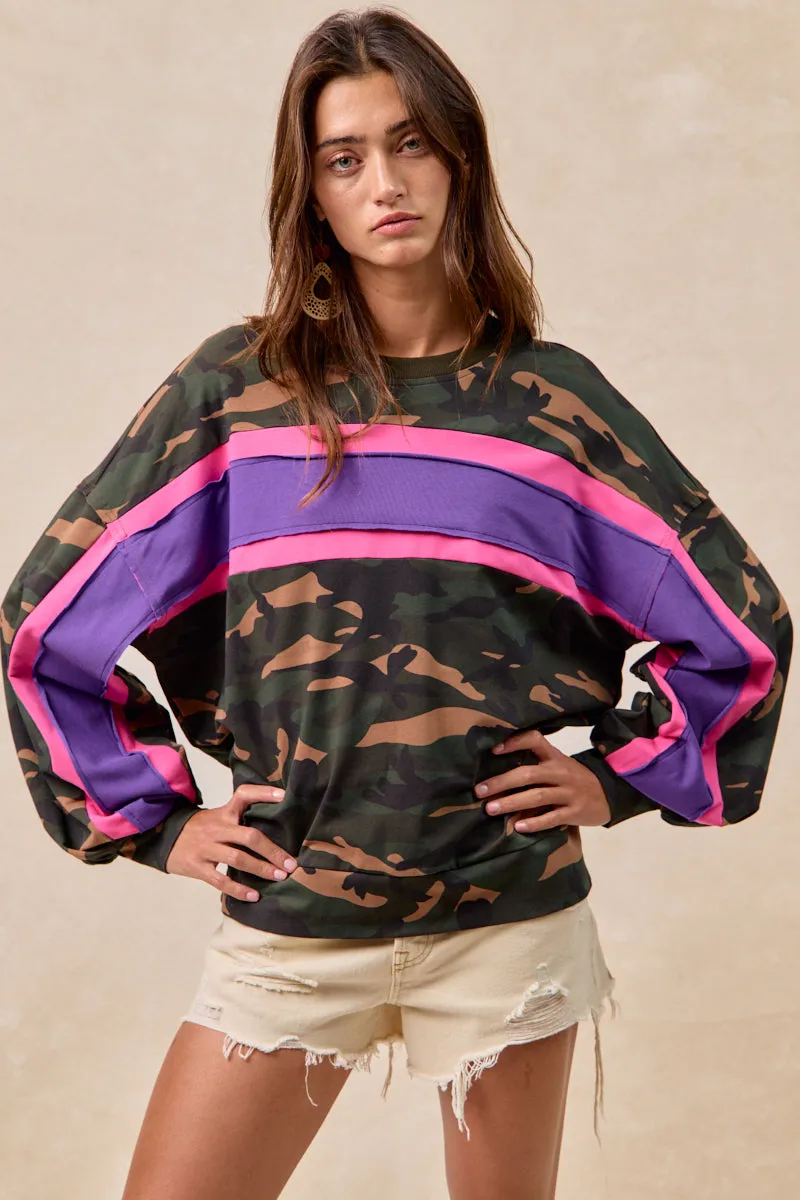 Sleek Style Hard Cover IT1485S-03 | CAMO FRENCH TERRY COLOR BLOCK TOP WITH CUT EDGE