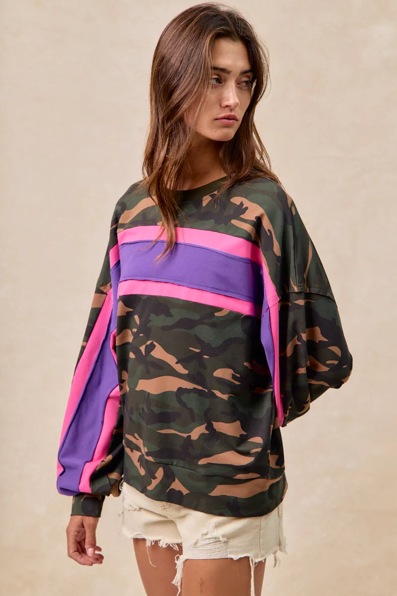 Lifestyle Wear IT1485S-03 | CAMO FRENCH TERRY COLOR BLOCK TOP WITH CUT EDGE