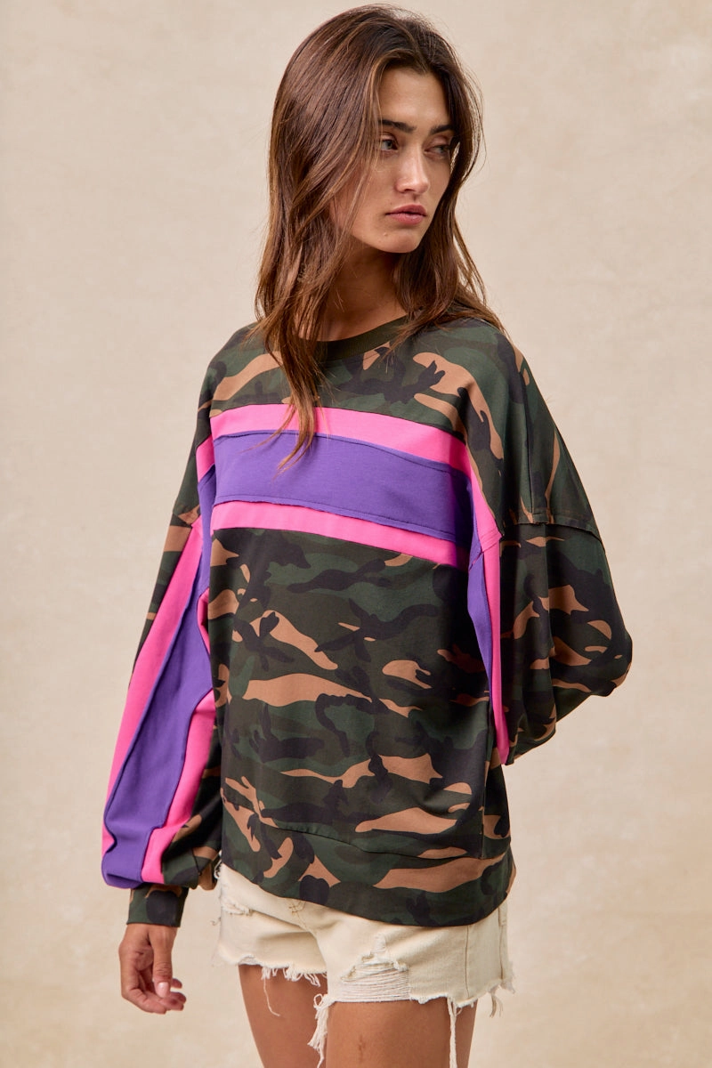 IT1485S-03 | CAMO FRENCH TERRY COLOR BLOCK TOP WITH CUT EDGE wrinkle free