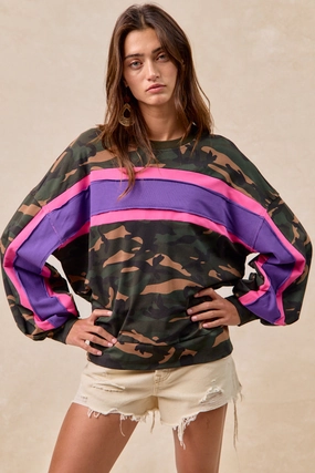 IT1485S-03P | CAMO FRENCH TERRY COLOR BLOCK TOP WITH CUT EDGE Outdoor Comfort Office Friendly