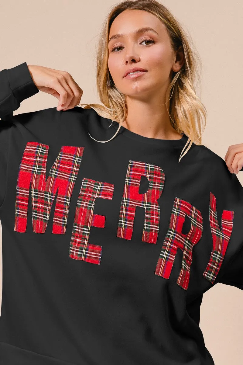 IT1508G-38 | PLAID MERRY LETTERING CHRISTMAS FLEECE SWEATSHIRT Strong Stitches Weather Friendly