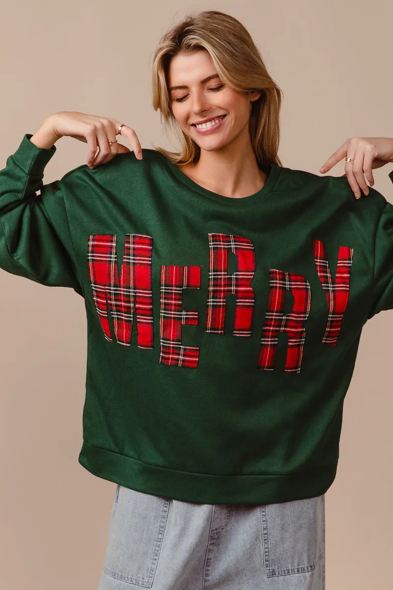 IT1508G-38 | PLAID MERRY LETTERING CHRISTMAS FLEECE SWEATSHIRT Long Length Sport Inspired Style