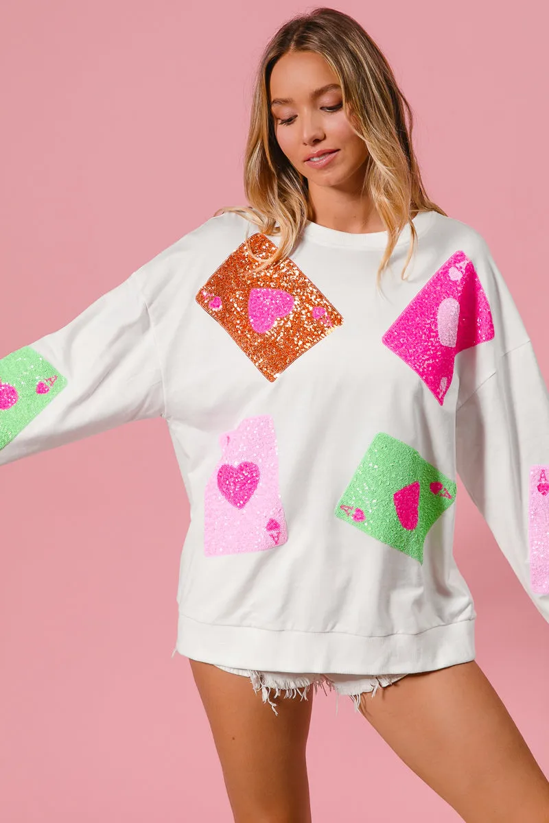 IT1508G-40 | SEQUIN HEART ACE CARDS EMBROIDERY PULLOVER Bright Color Modern Utility