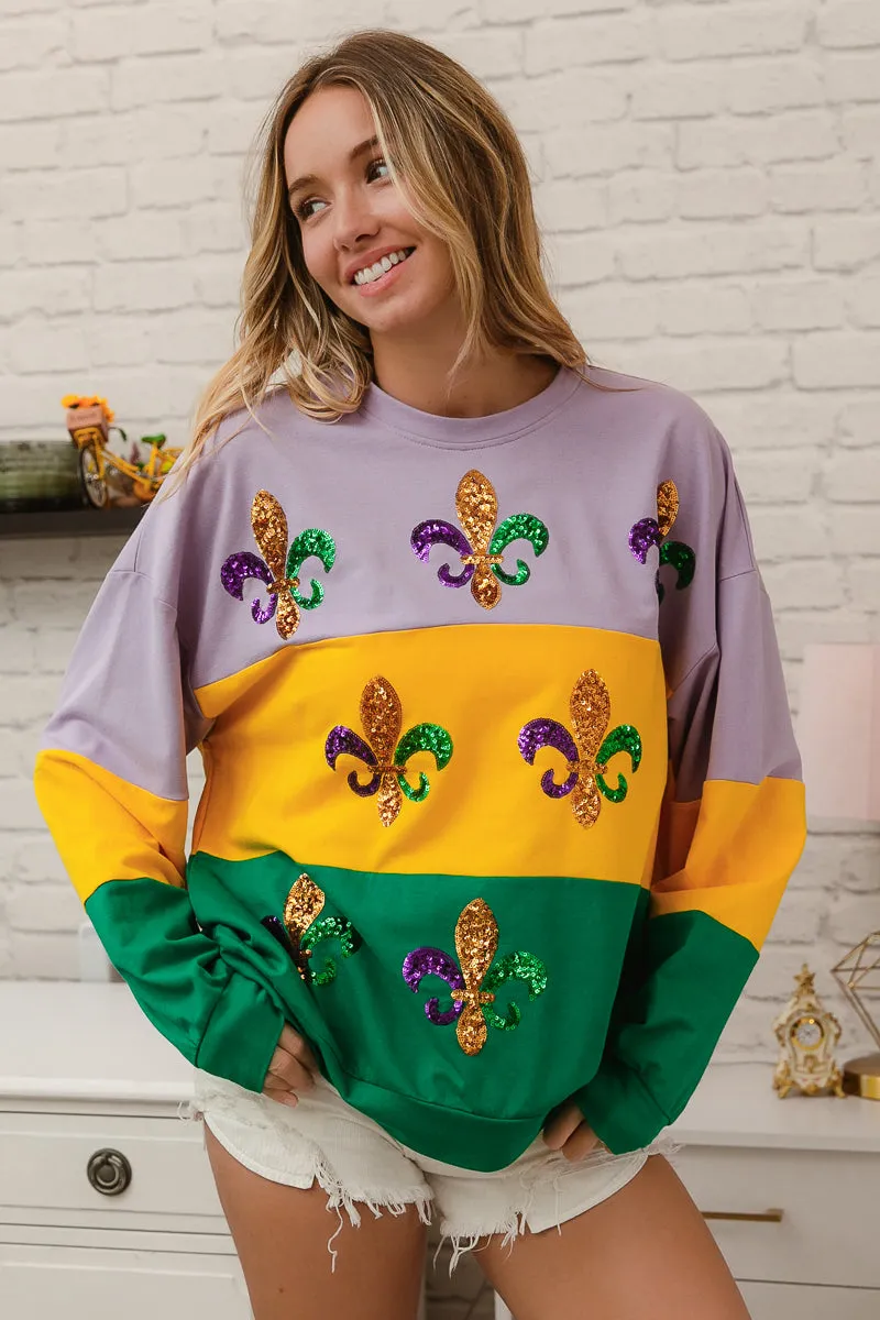 IT1508G-53 | SEQUIN FLEUR DE LIS MARDI GRAS SWEATSHIRT Quick-Dry Material