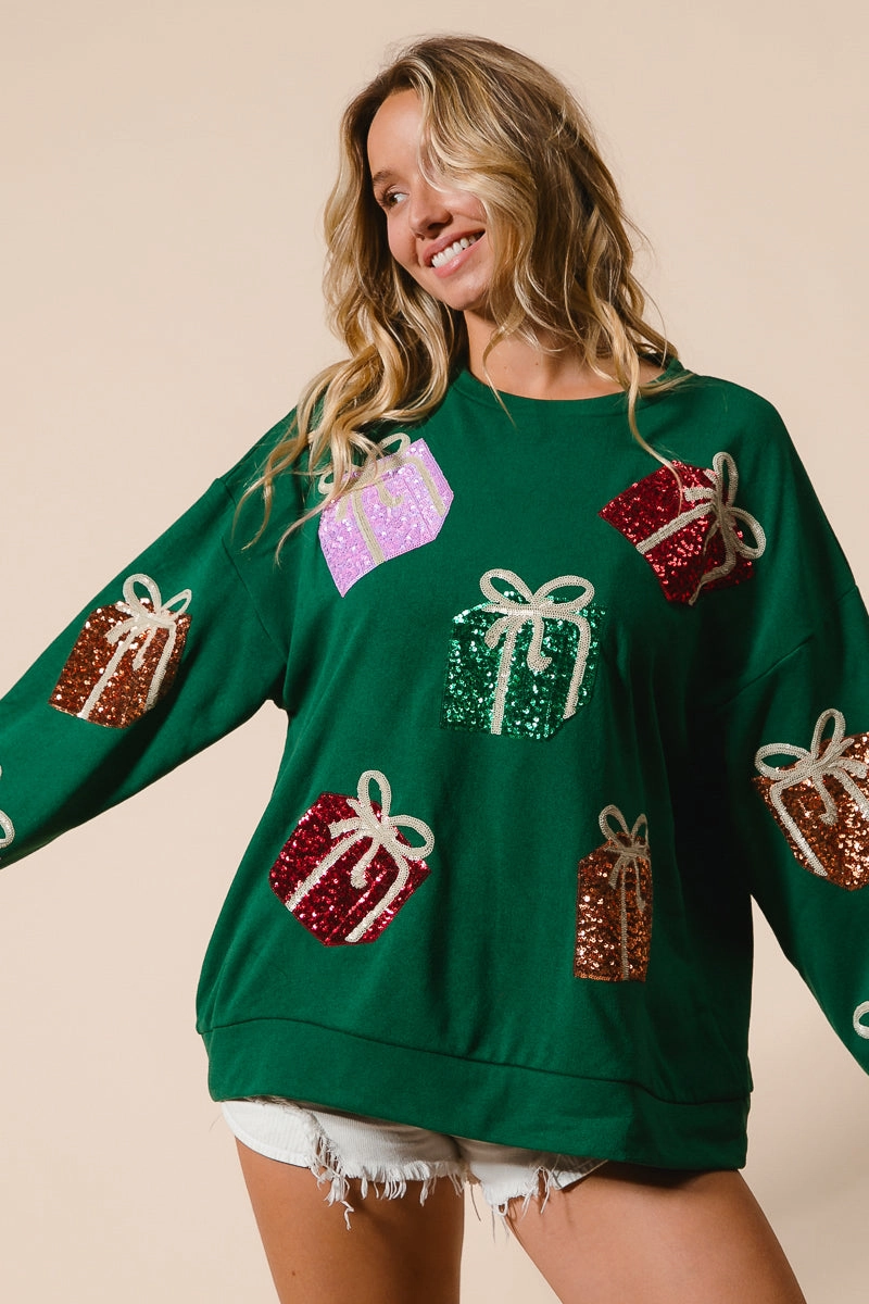 IT1508G-30 | SEQUIN CHRISTMAS GIFT BOX EMBROIDERIES PULLOVER Office Friendly Versatile Wear