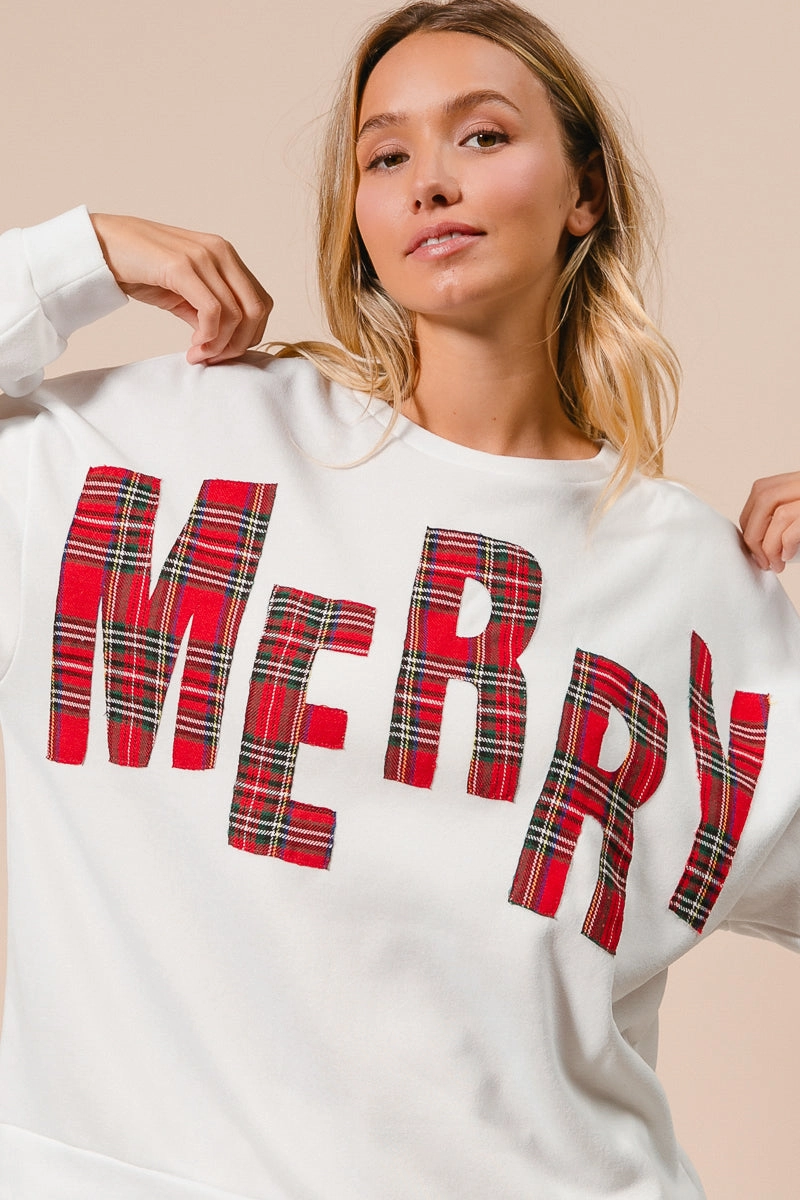 IT1508G-38P | PLAID MERRY LETTERING CHRISTMAS FLEECE SWEATSHIRT Transitional Look