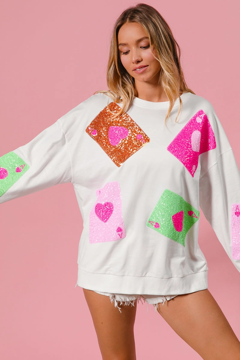 Open-back IT1508G-40 | SEQUIN HEART ACE CARDS EMBROIDERY PULLOVER