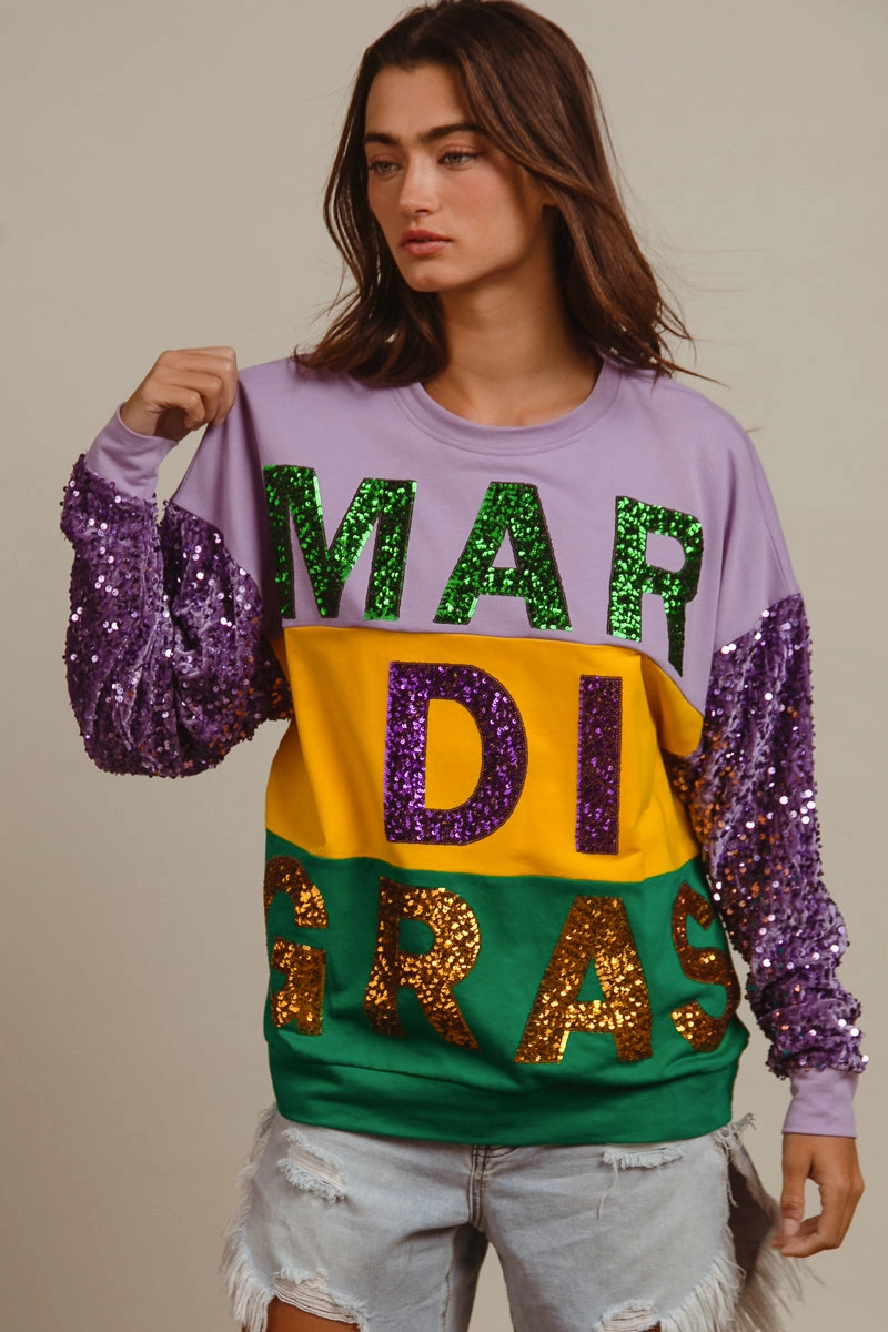 IT1508G-62 | SEQUIN MARDI GRAS LETTERING COLOR BLOCK SWEATSHIRT Compressible