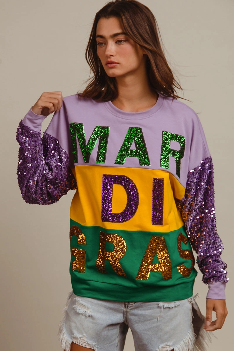 IT1508G-62 | SEQUIN MARDI GRAS LETTERING COLOR BLOCK SWEATSHIRT Cotton comfort Breath Friendly