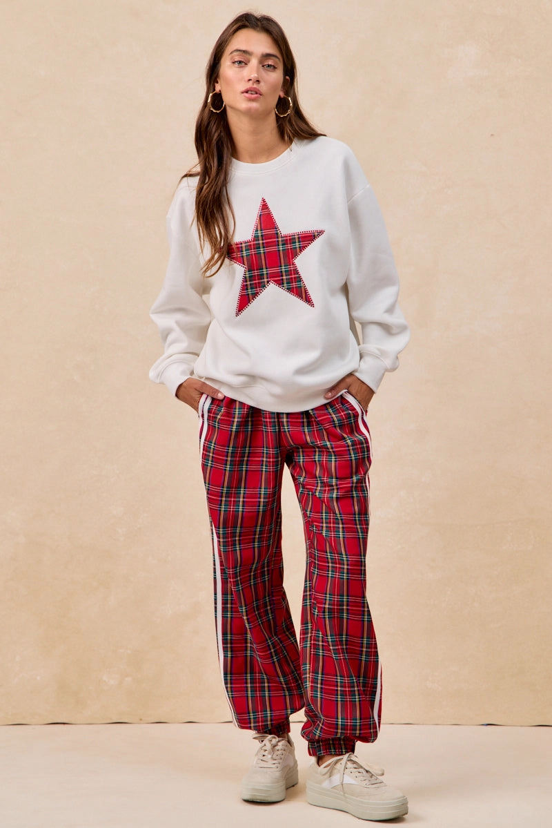 IT1508S-70 | BRUSHED TERRY CHRISTMAS PLAID STAR PATCH TOP Smooth Finish