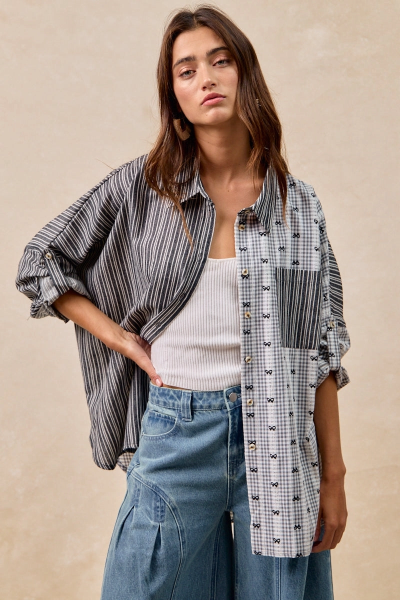 IT1770G-05 | BOW PRINT AND STRIPES MIX AND MATCH SHIRT TOP Wide-leg cut