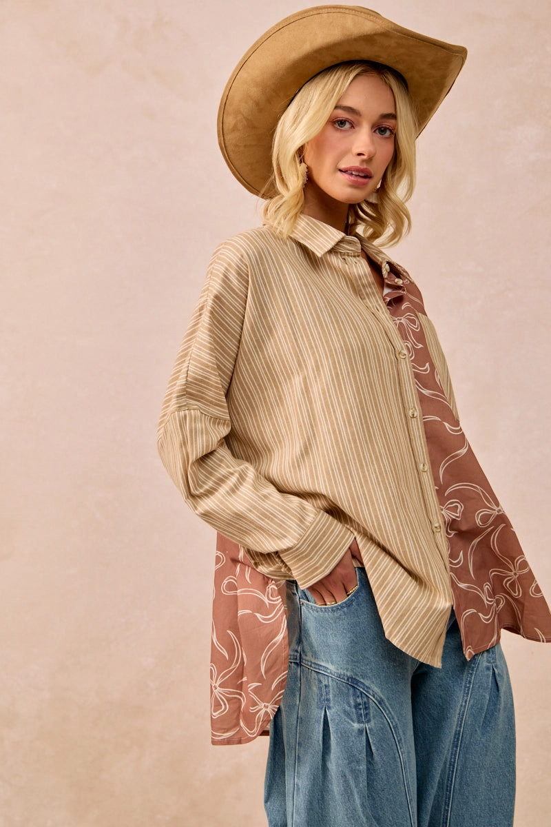 IT1770G-06 | BOW PRINT BLOCK STRIPES SHIRT TOP Calm Day Fit Clean Fit Design