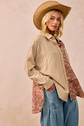 Clean Street Look Changeable Style IT1770G-06 | BOW PRINT BLOCK STRIPES SHIRT TOP