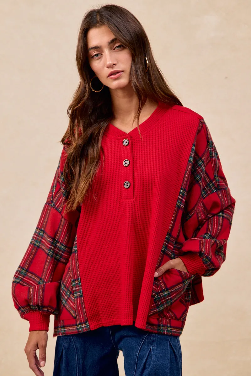 Cold Season IT1833S-02 | PLAID FLEECE WITH WAFFLE COMBO BUTTONED TOP