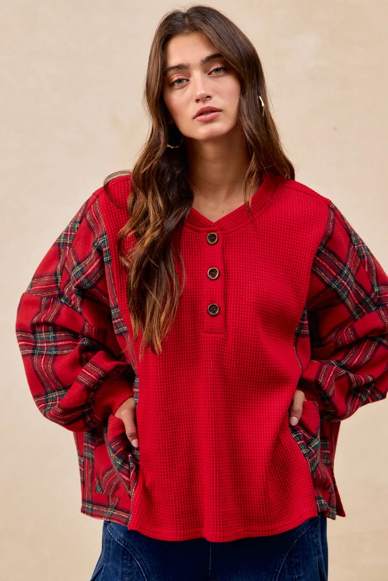 IT1833S-02 | PLAID FLEECE WITH WAFFLE COMBO BUTTONED TOP Sporty Fit