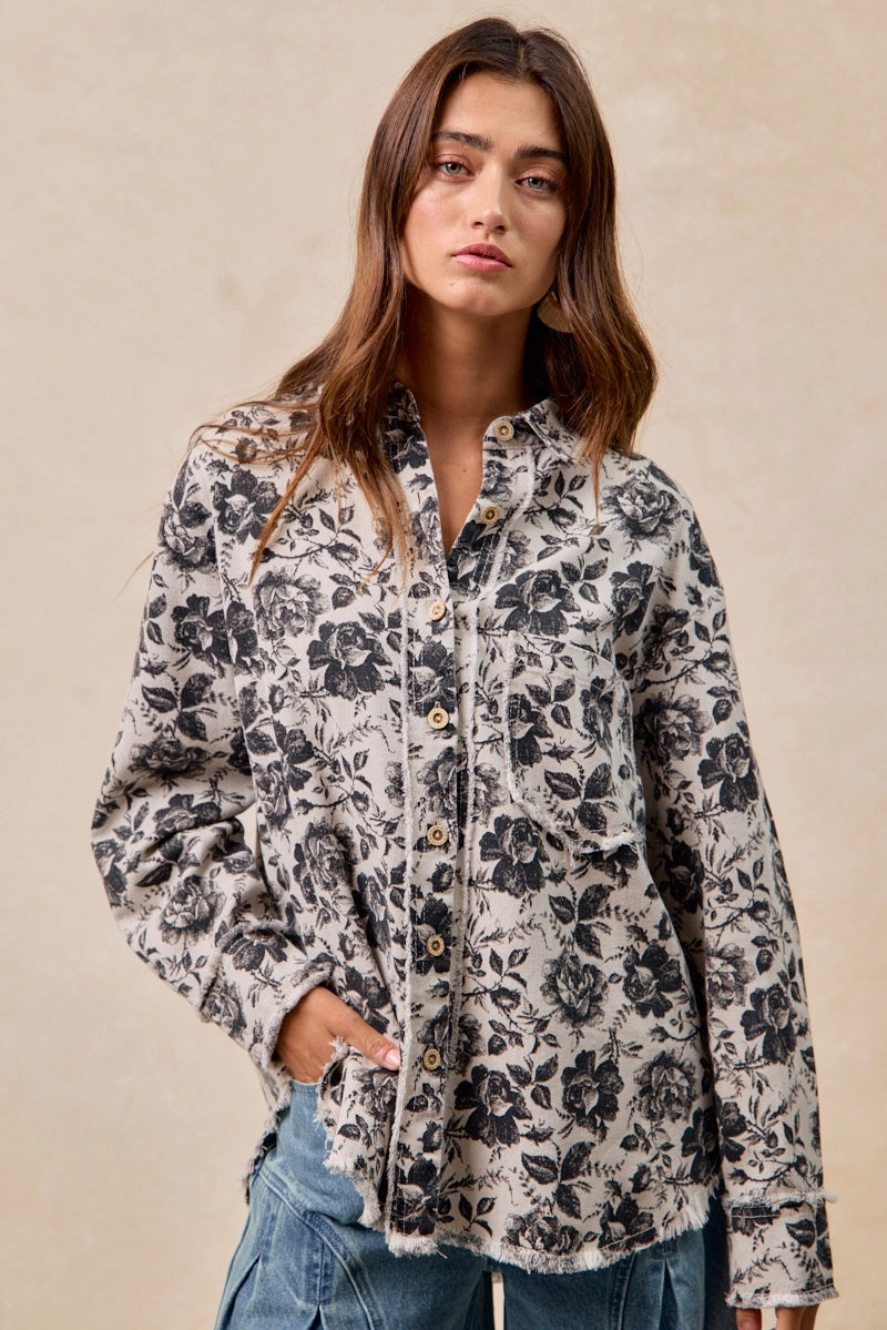 Go To Layer Zip Pockets IT1835S-08P | WASHED ROSE TWILL SHIRTS TOP WITH FRAYED EDGE