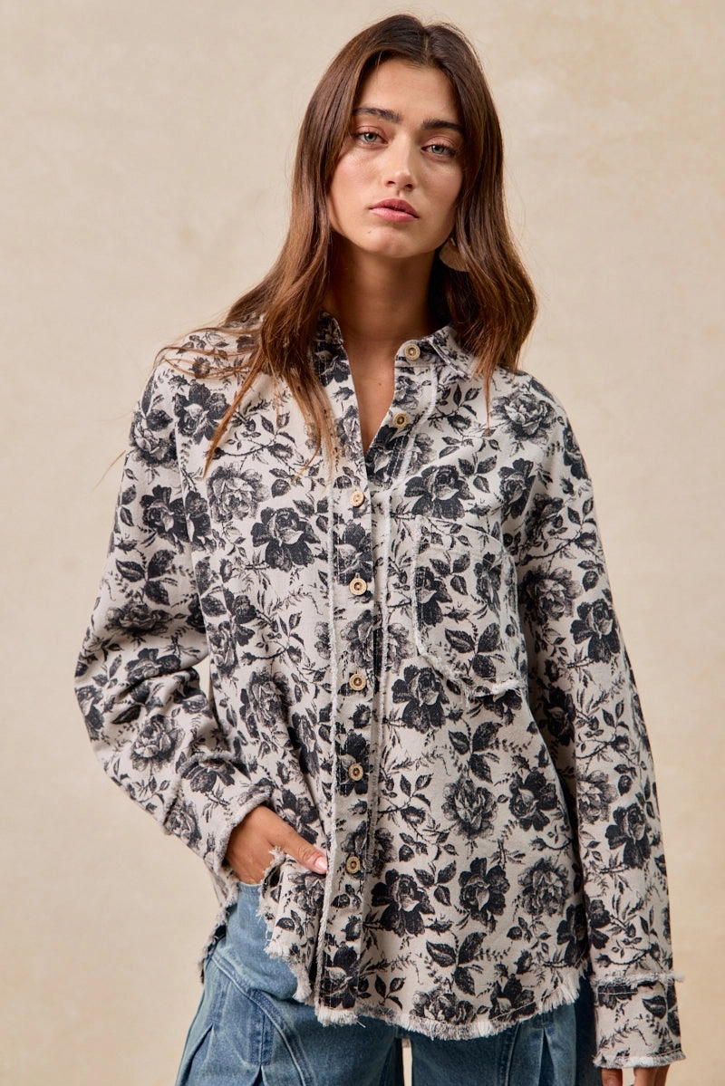 IT1835S-08P | WASHED ROSE TWILL SHIRTS TOP WITH FRAYED EDGE Cold Season Elegant Styling