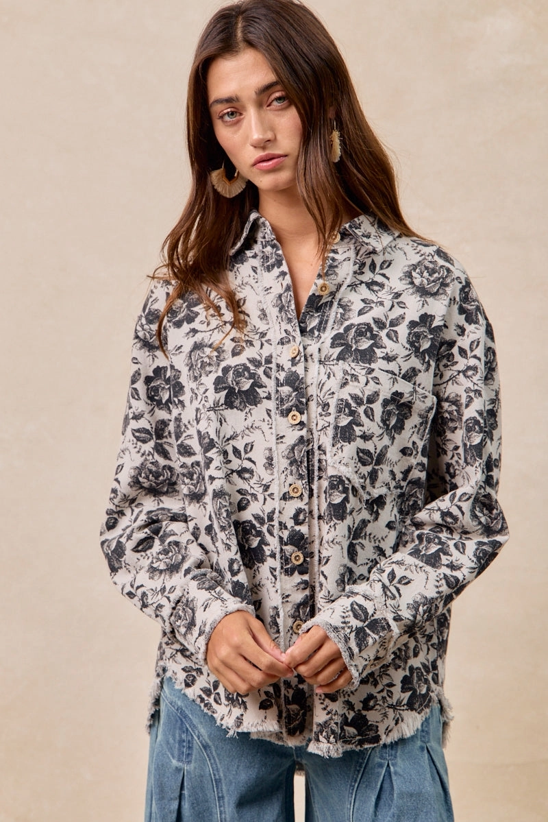 IT1835S-08P | WASHED ROSE TWILL SHIRTS TOP WITH FRAYED EDGE Outdoor Style Staple Rugged Daily Style