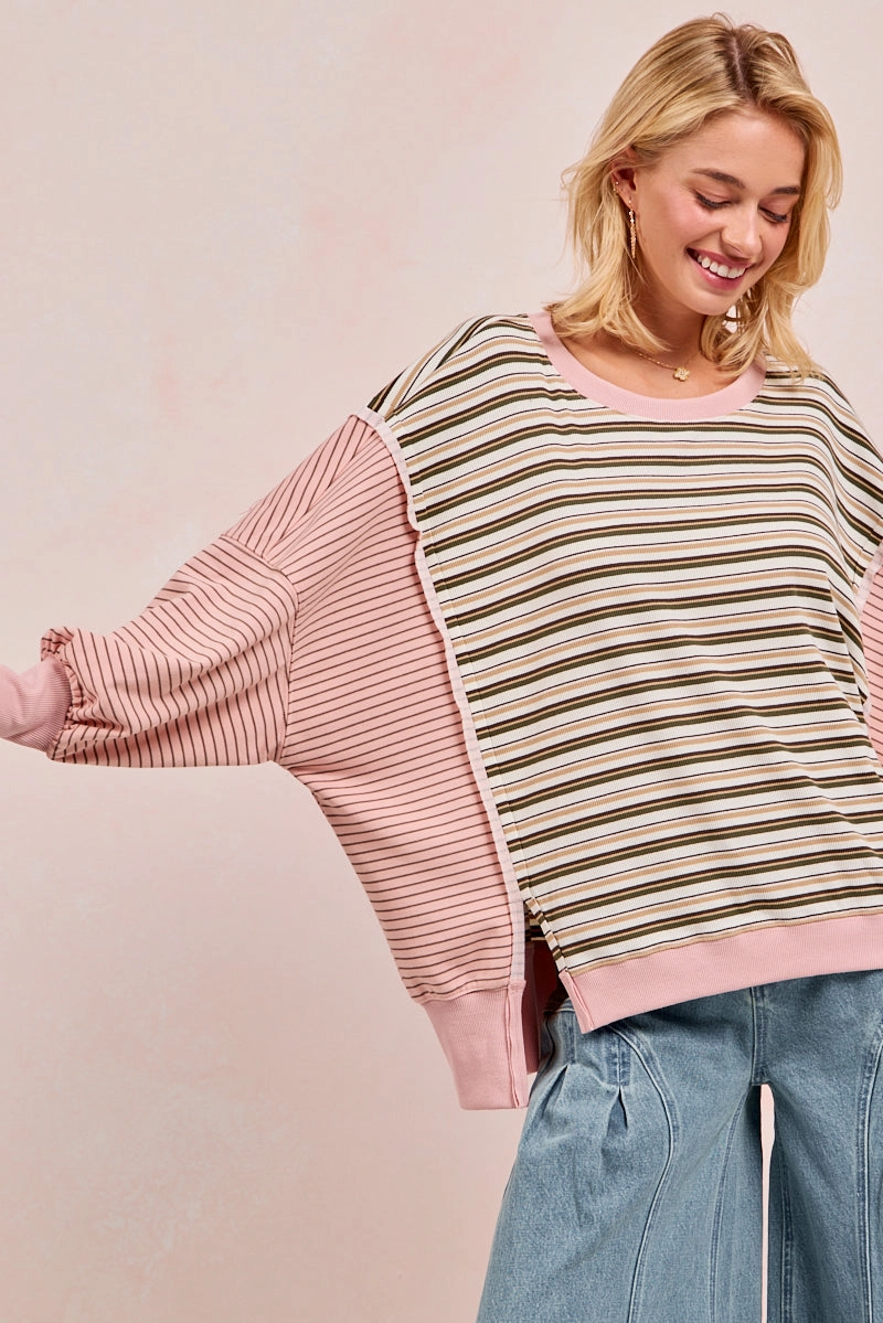 Cold Season Sleek Casual IT1841R-08 | STRIPE MIXED TOP WITH CUT EDGE AND REVERSE OUTSEAM