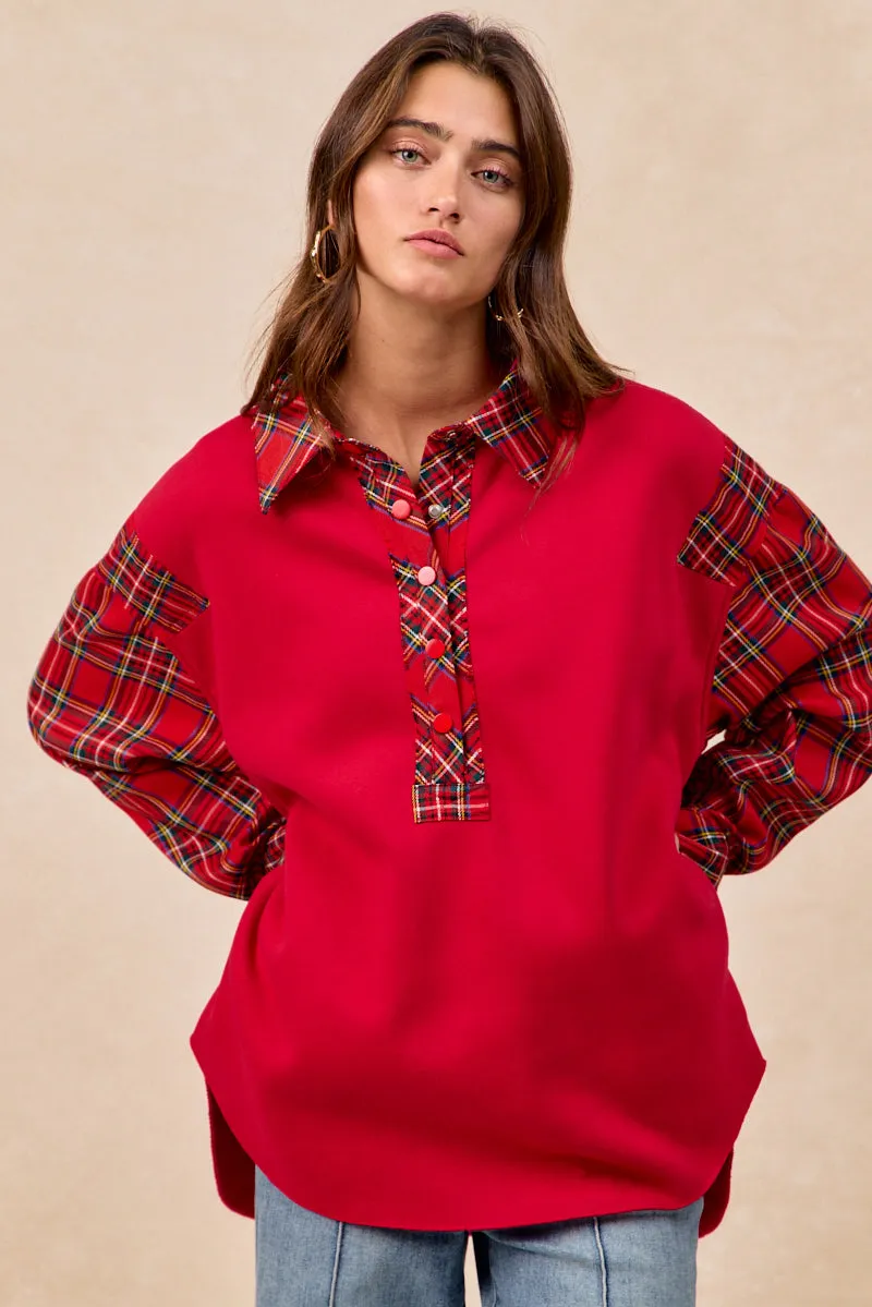 Fringe Detail Travel Functional Wear IT1973S-03 | BRUSHED TERRY WITH CHRISTMAS PLAID COLLARED TOP