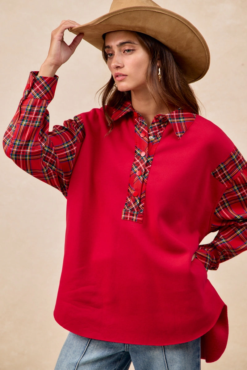 IT1973S-03 | BRUSHED TERRY WITH CHRISTMAS PLAID COLLARED TOP Elegant Motion