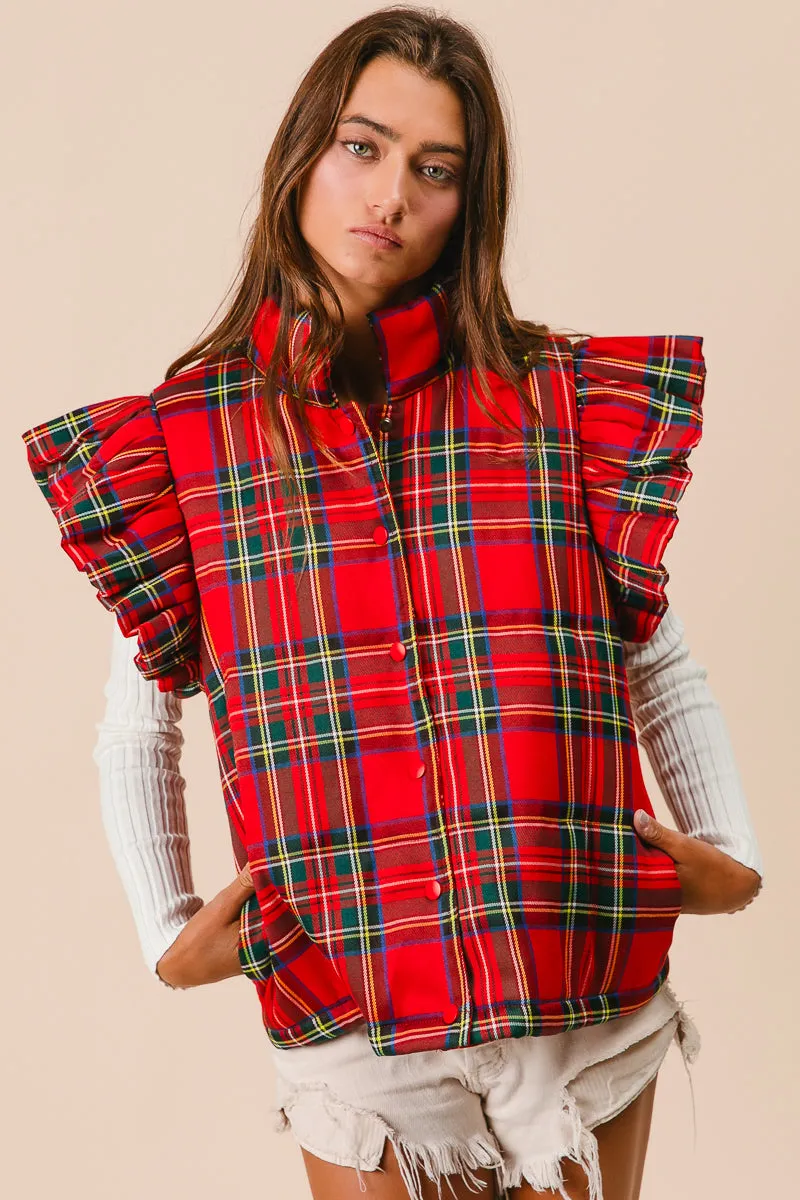 IT2556G-03 | CHRISTMAS PLAID RUFFLED PUFFER VEST Casual Street Style Cold Ready Look