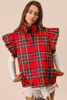 Office Appropriate Stretch Comfort IT2556G-03 | CHRISTMAS PLAID RUFFLED PUFFER VEST