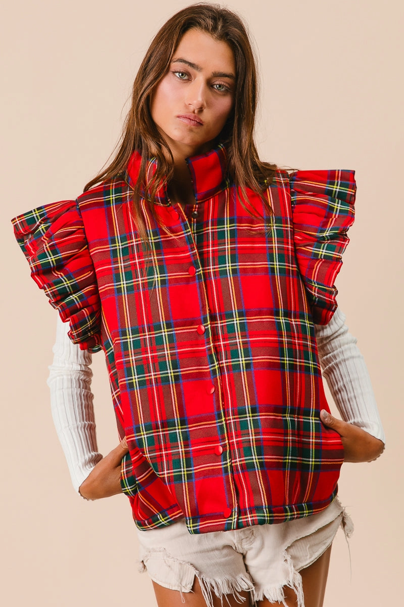 Versatile use IT2556G-03 | CHRISTMAS PLAID RUFFLED PUFFER VEST