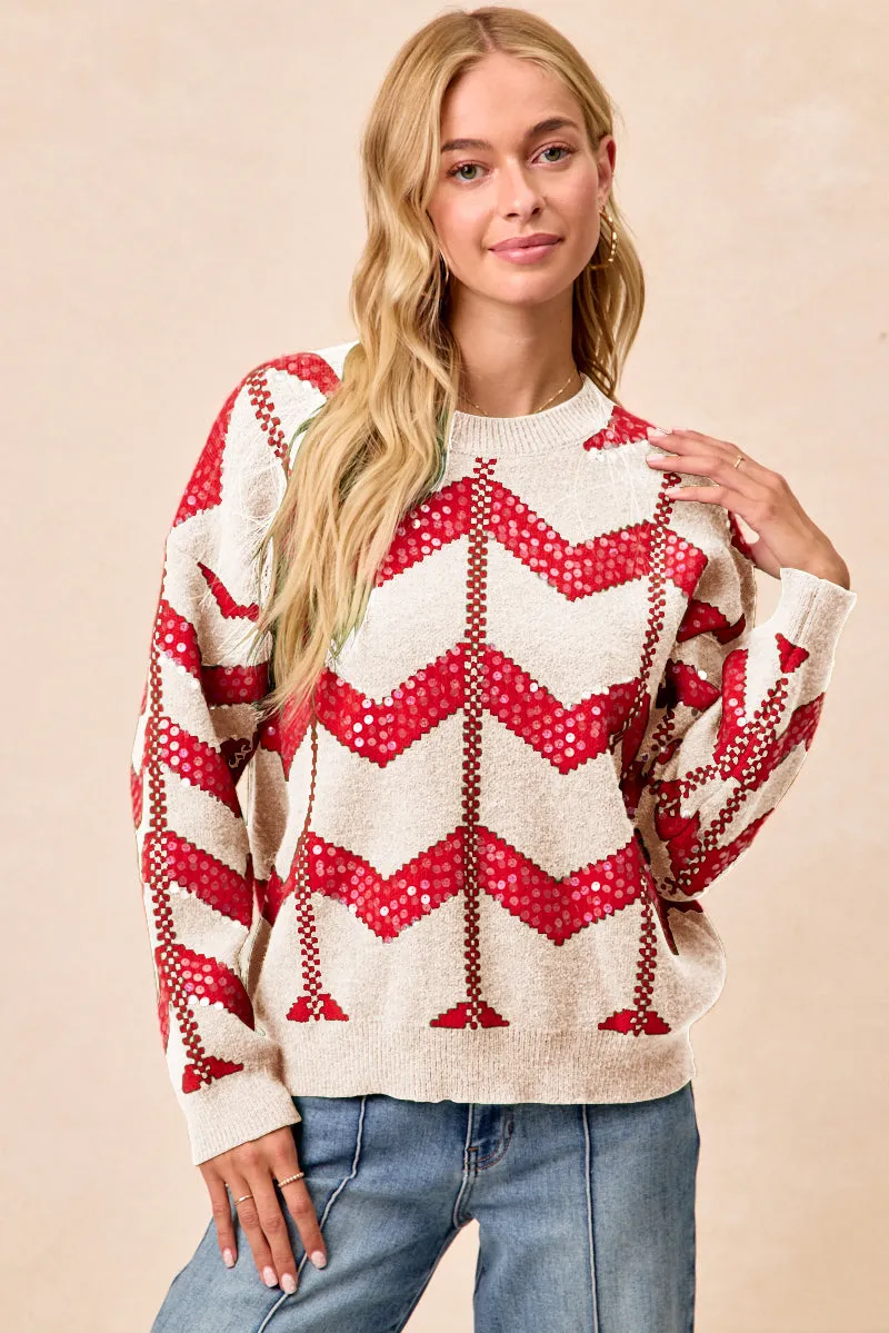 IT2723S-03 | CHRISTMAS THEME CHEVRON SEQUINS DETAIL KNIT TOP Comfy Layers