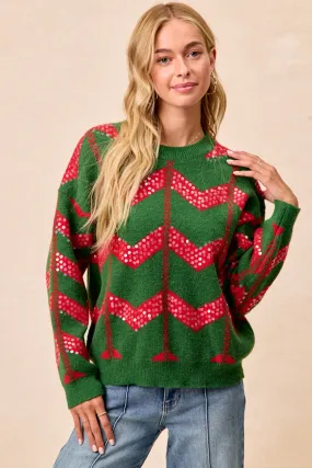Zipper Closure IT2723S-03 | CHRISTMAS THEME CHEVRON SEQUINS DETAIL KNIT TOP