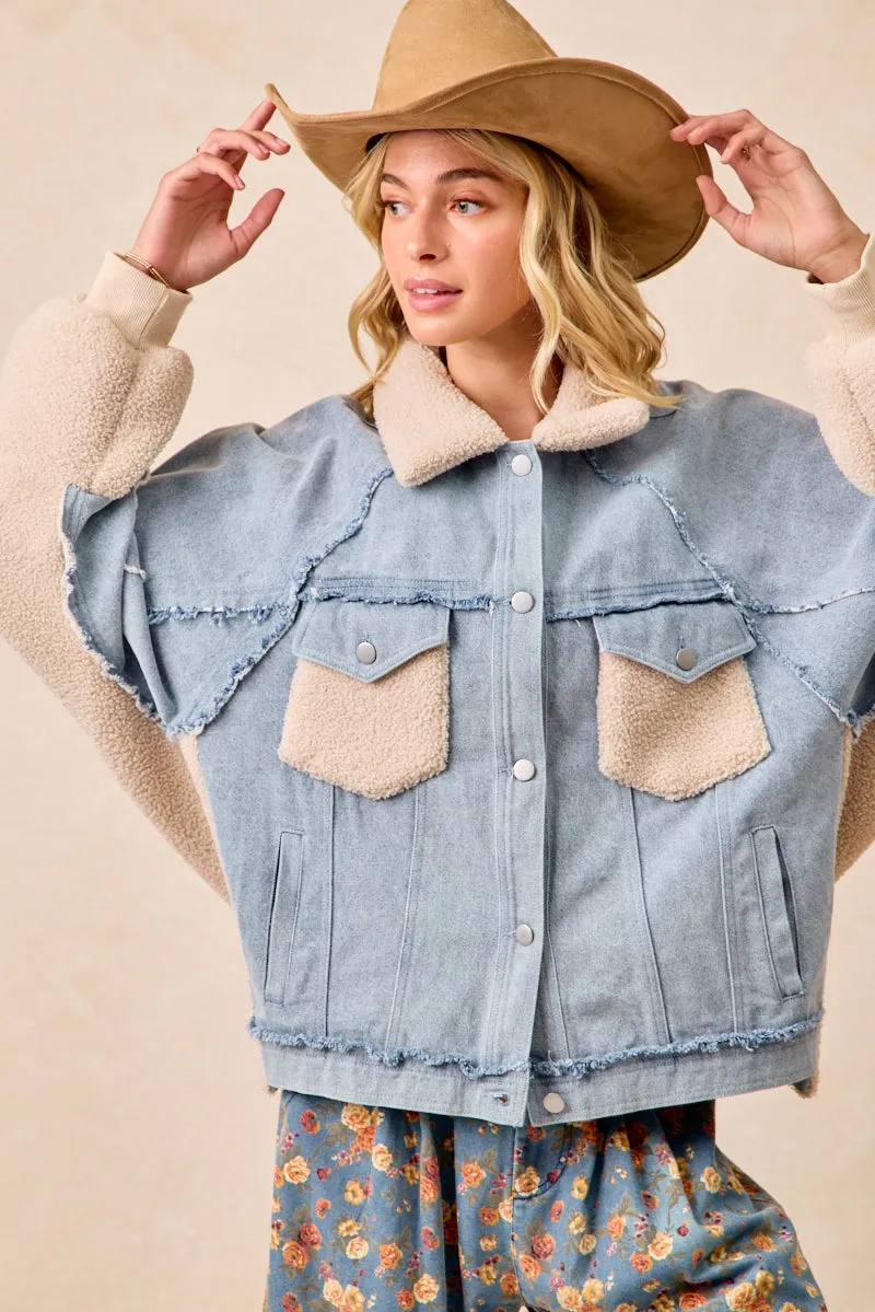 Core Ease IT2949G-01 | WASHED DENIM AND SHERPA MIX AND MATCH JACKET