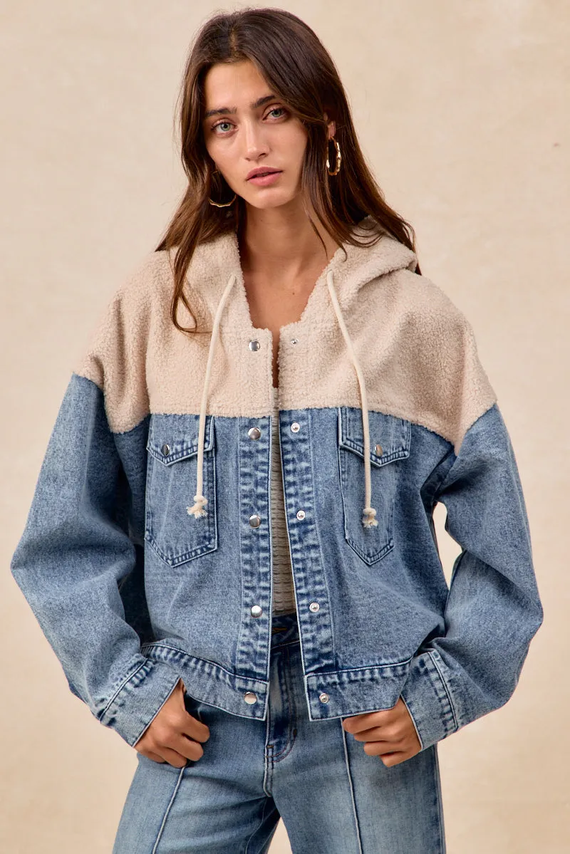 IT2959R-01 | WASHED DENIM FLEECE MIX AND MATCH HOODIE JACKET Workwear High-rise waist