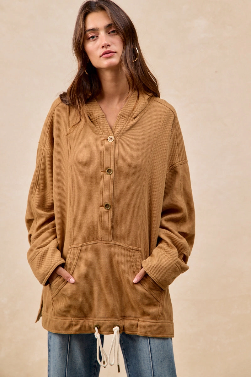 IT3099G-02 | MINERAL WASHED WAFFLE THERMAL HALF BUTTONED HOODIE Evening Motion Love Energy