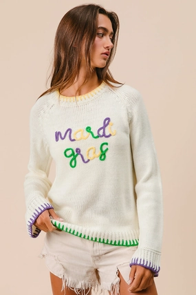 Minimal Tone Stain-Guard-Finish IT3102-01 | STITCH DETAIL MARDI GRAS LETTERING SWEATER