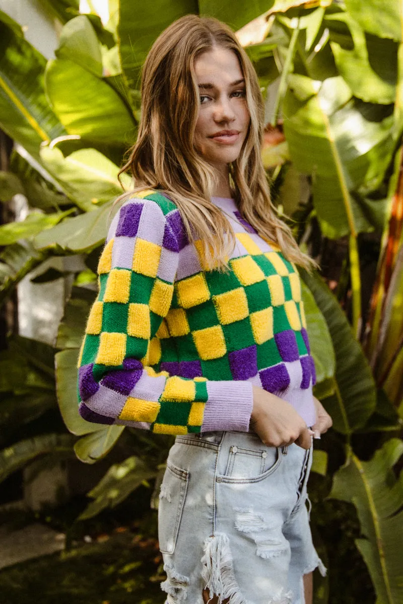 IT3103-01 | MARDI GRAS CHECKER SWEATER Windbreaker Inspired Fit Office Wear