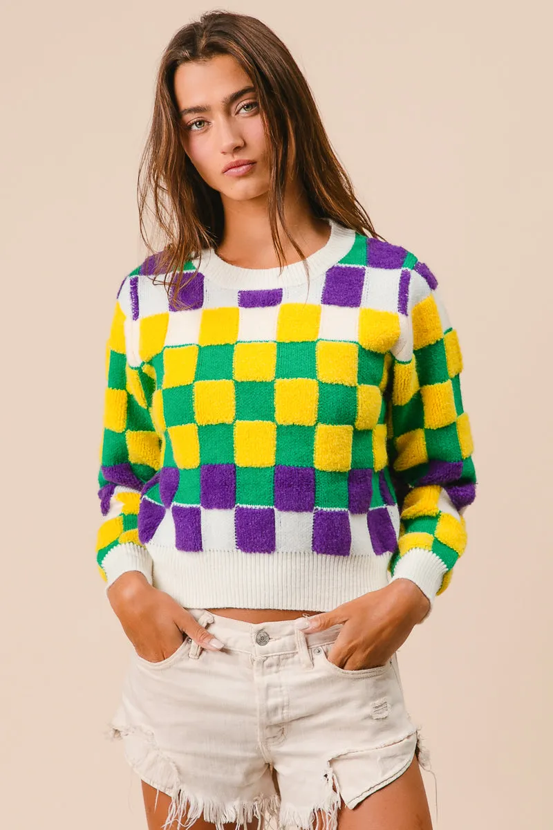 IT3103-01 | MARDI GRAS CHECKER SWEATER Removable Hood Layered Comfort Look