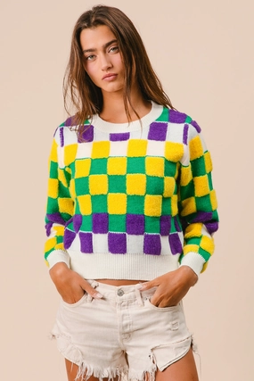 IT3103-01 | MARDI GRAS CHECKER SWEATER Romantic Style