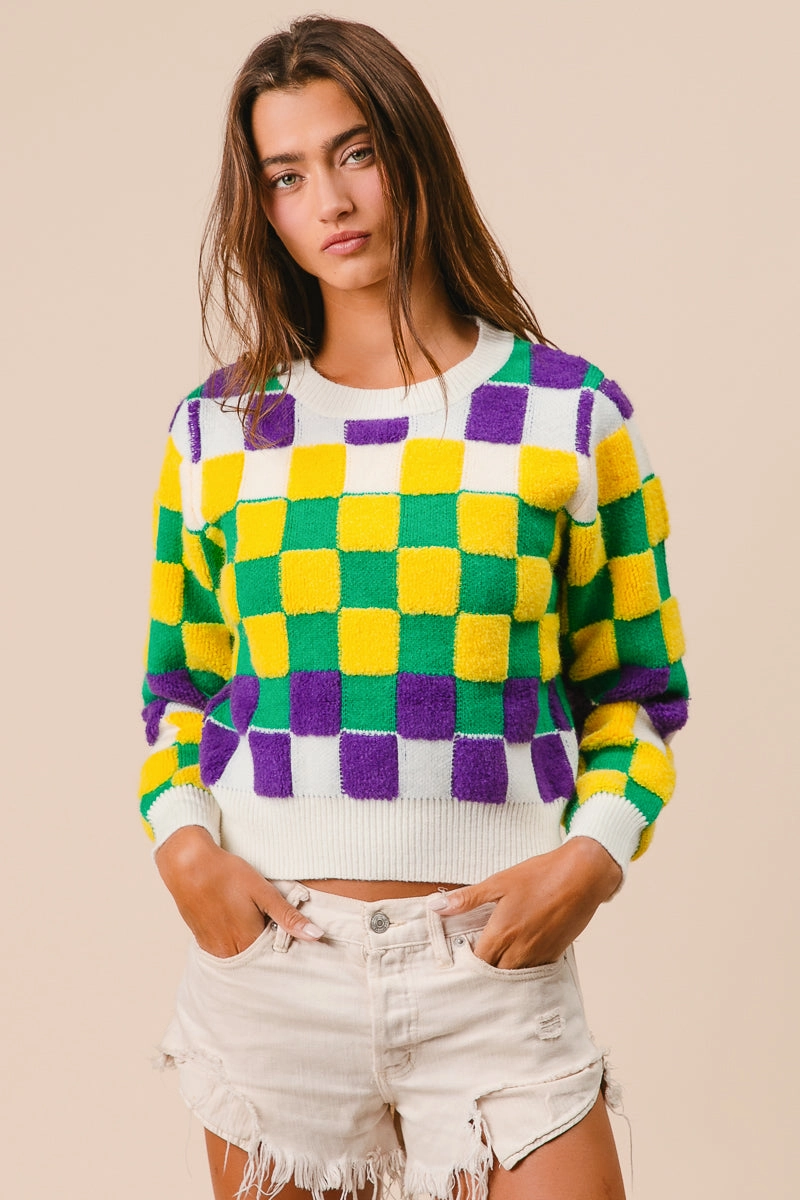 IT3103-01 | MARDI GRAS CHECKER SWEATER Romantic Style