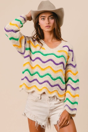IT3106-01 | MARDI GRAS WAVY STRIPES V-NECK SWEATER Mix-And-Match