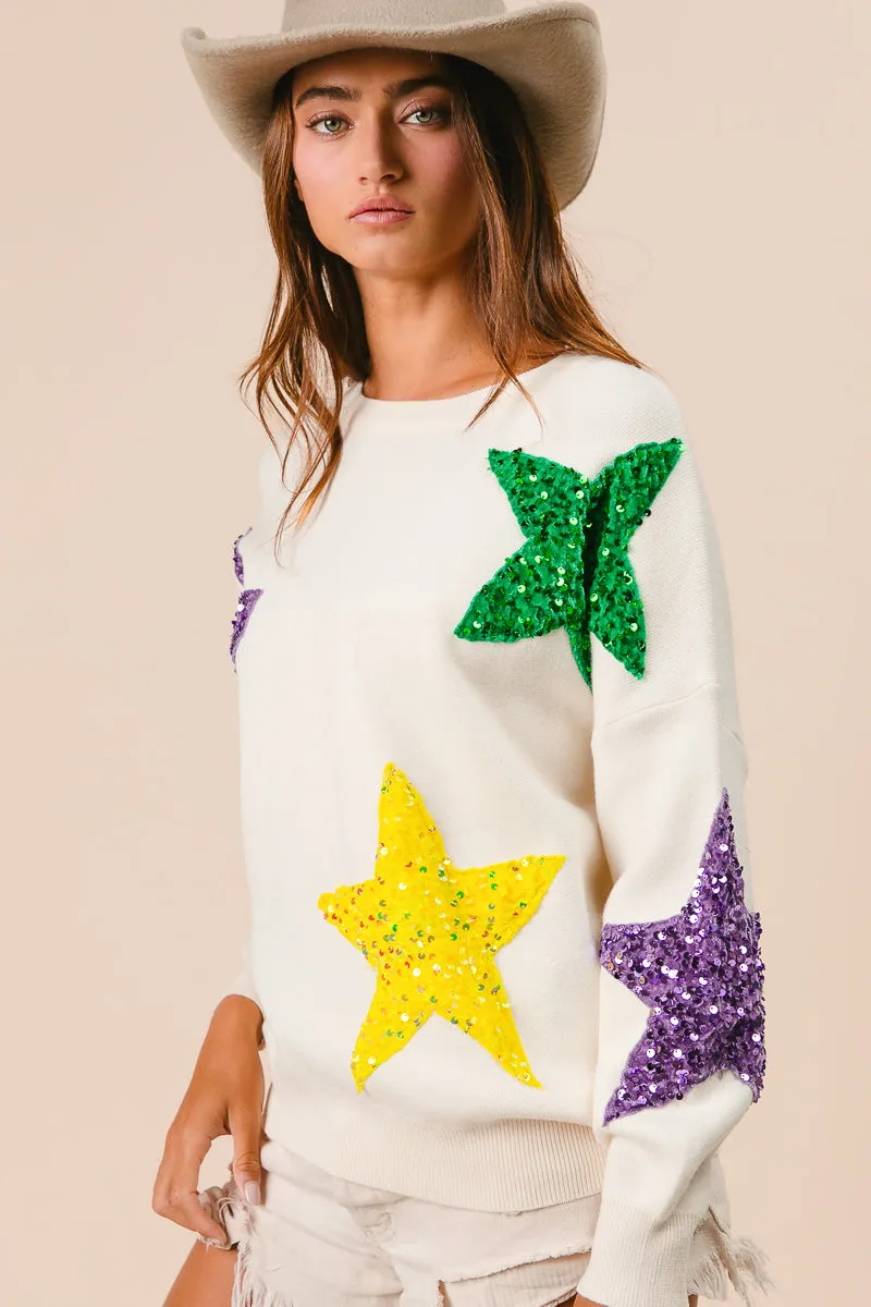 Soft Stretch IT3107-01 | SEQUIN VELVET STAR PATCHES MARDI GRAS SWEATER