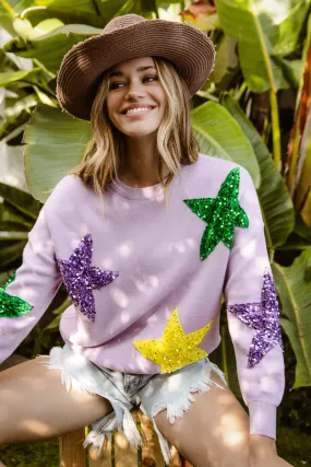 Wrinkle Resistant IT3107-01 | SEQUIN VELVET STAR PATCHES MARDI GRAS SWEATER