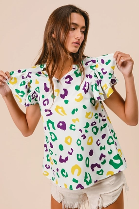 Floral Swing IT3125-01 | MARDIGRAS LEOPARD RUFFLED SLEEVES V NECK TOP