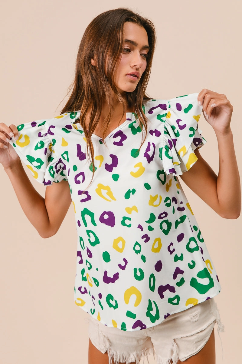 Floral Swing IT3125-01 | MARDIGRAS LEOPARD RUFFLED SLEEVES V NECK TOP