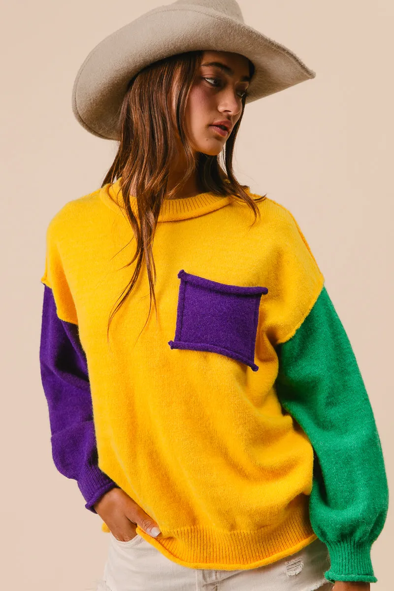 Anytime Outer Fit IT3129-01 | PATCH POCKET MARDI GRAS COLOR BLOCK SWEATER