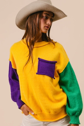 Square-Neck Resort Ready IT3129-01 | PATCH POCKET MARDI GRAS COLOR BLOCK SWEATER